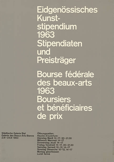 Eidgenössisches Kunststipendium 1963, Stipendiaten und Preisträger, Bourse fédérale des beaux-arts 1963, boursiers et bénéficiaires de prix, Städtische Galerie Biel, Galerie des Beaux-Arts Bienne