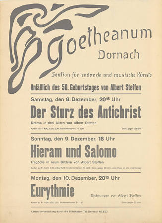 Goetheanum Dornach, Sektion für redende und musische Künste,  Anlässlich des 50. Geburtstages von Albert Steffen, Der Sturz des Antichrist, Hieram und Salomo, Eurythmie