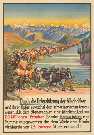 Durch die Unterstützung der Alkoholiker und ihrer Opfer erwächst dem schweizerischen Armenwesen, d.h. dem Steuerzahler eine jährliche Last von 20 Millionen Franken, So wird jahraus, jahrein eine Summe ausgeworfen, die dem Wert einer Rinderviehherde von 25 Tausend Stück entspricht