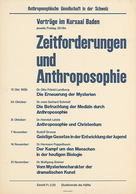 Antroposophische Gesellschaft in der Schweiz, Vorträge im Kursaal Baden, Zeitforderungen und Anthroposophie