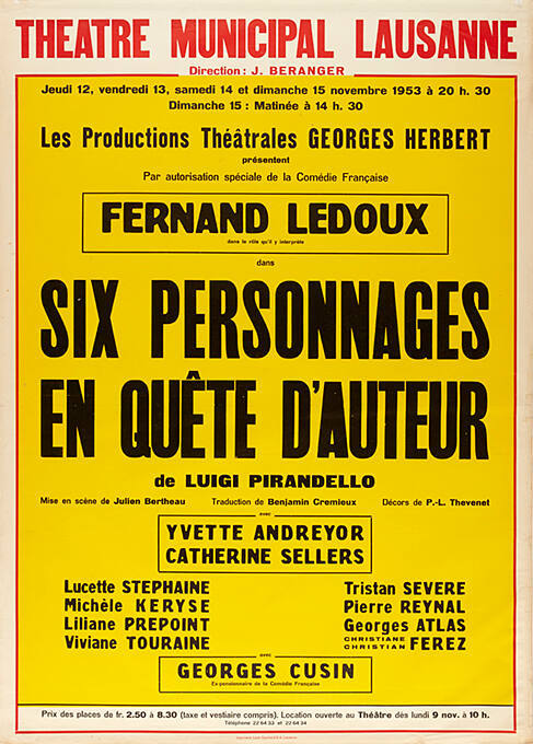 Six personnages en quête d’auteur, Théâtre Municipal de Lausanne