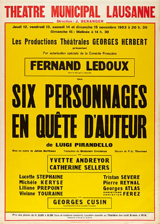 Six personnages en quête d’auteur, Théâtre Municipal de Lausanne