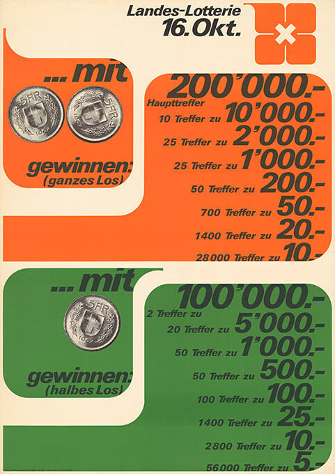 …mit [10 Fr. ] gewinnen: Haupttreffer 200'000.–, …mit [5 Fr. ] gewinnen: 100'000.–, Landes-Lotterie, 16. Okt.