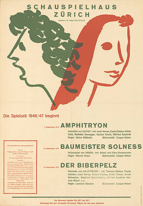 Schauspielhaus Zürich, Die Spielzeit 1946/47 beginnt, Amphitrion, Baumeister Solness, Der Biberpelz