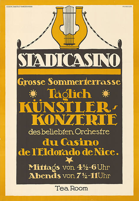 Stadtcasino, Grosse Sommerterrasse, Täglich Künstlerkonzerte des beliebten Orchestre du Casino de l’Eldorado de Nice.