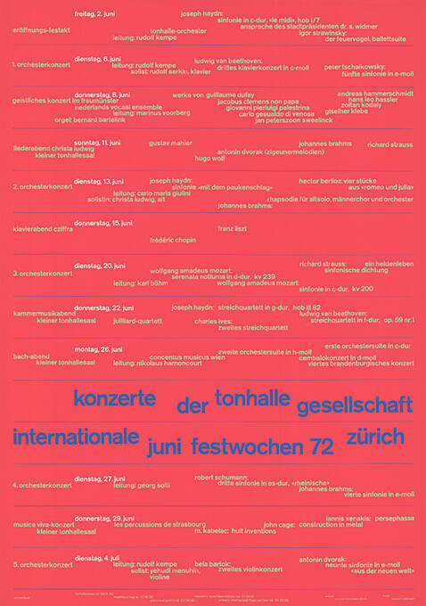 Konzerte der Tonhalle Gesellschaft, Internationale Juni Festwochen 72, Zürich