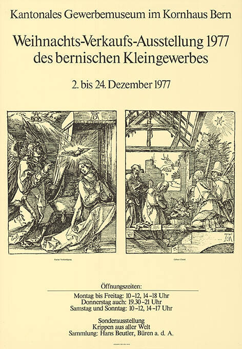 Weihnachts-Verkaufs-Ausstellung 1977 des bernischen Kleingewerbes, Kantonales Gewerbemuseum im Kornhaus Bern