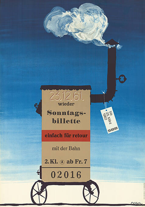 23.12.61, wieder Sonntagsbillette, einfach für retour mit der Bahn, bis 25. März 1962, SBB