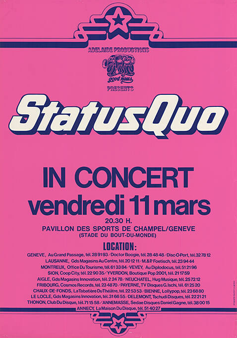 Status Quo in Concert, Vendredi 11 Mars, Pavillon des Sports de Champel / Genève