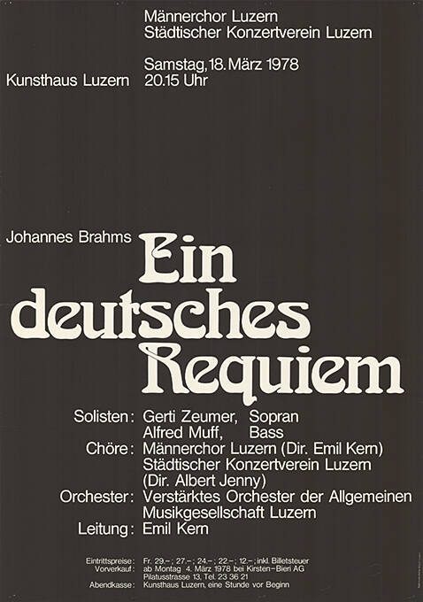 Ein deutsches Requiem, Johannes Brahms, Männerchor Luzern, Städtischer Konzertverein Luzern, Kunsthaus Luzern