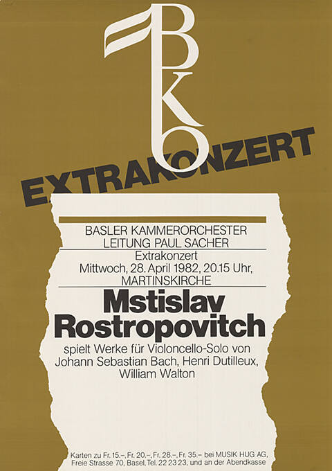 BKO, Extrakonzert, Basler Kammerorchester, Leitung Paul Sacher, Mstislav Rostropowitch, Martinskirche, Basel