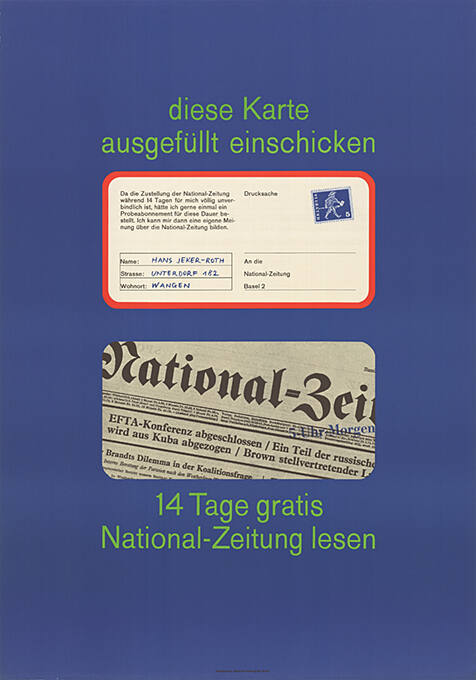 Diese Karte ausgefüllt einschicken, 14 Tage gratis National-Zeitung lesen