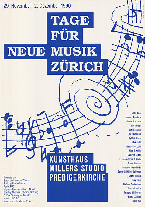 Tage für neue Musik Zürich, Kunsthaus, Millers Studio, Predigerkirche, Zürich