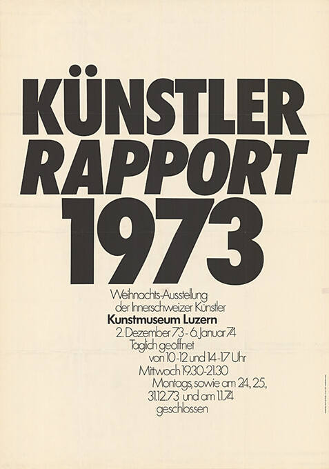 Künstler Rapport 1973, Weihnachtsausstellung der Innerschweizer Künstler, Kunstmuseum Luzern