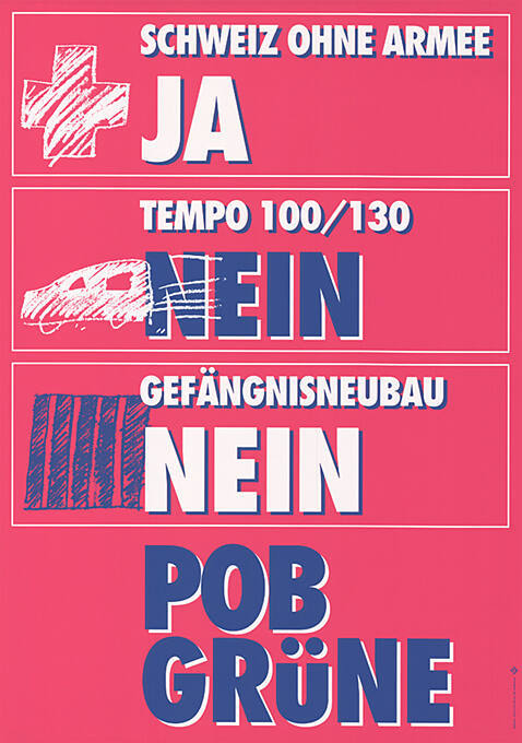 Schweiz ohne Armee Ja, Tempo 100/130 Nein, Gefängnisneubau Nein, POB Grüne