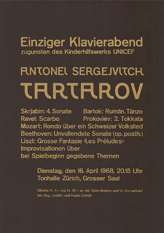 Einziger Klavierabend, zugunsten des Kinderhilfswerks UNICEF, Antonei Sergejvitch Tartarov, Tonhalle Zürich