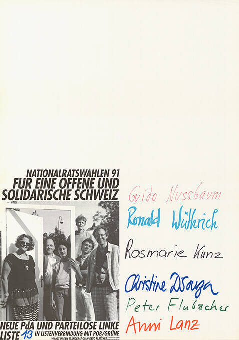 Für eine offene und solidarische Schweiz, Neue PdA und parteilose Linke, Liste 13, Guido Nussbaum, Ronald Wüthrich, Rosmarie Kunz, Christine D’Souza, Peter Flubacher, Anni Lanz