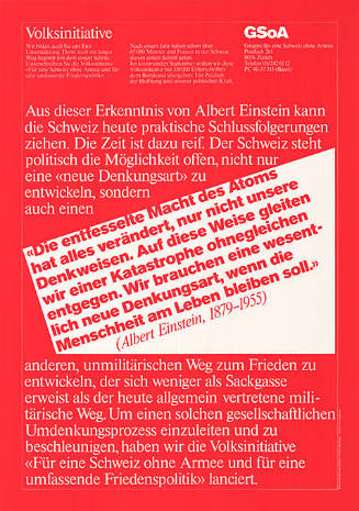 Volksinitiative GSoA, «Die entfesselte Macht des Atoms hat alles verändert […]» (Albert Einstein, 1879–1955), Für eine Schweiz ohne Armee und für eine umfassende Friedenspolitik