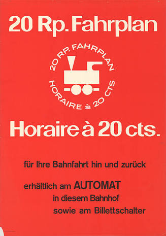 20 Rp. Fahrplan, Horaire à 20 cts. Für Ihre Bahnfahrt hin und zurück, erhältlich am Automat in diesem Bahnhof sowie am Billettschalter