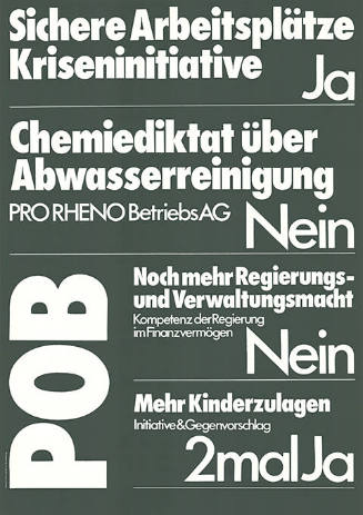 Sichere Arbeitsplätze, Kriseninitiative Ja, Chemiediktat über Abwasserreinigung Nein, Noch mehr Regierungs- und Verwaltungsmacht Nein, Mehr Kinderzulagen 2 mal Ja, POB