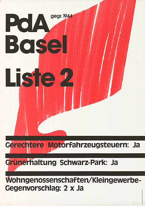 PdA Basel, Liste 2, Gerechtere Motorfahrzeugsteuern: Ja, Grünerhaltung Schwarz-Park: Ja, Wohngenossenschaften / Kleingewerbe-Gegenvorschlag: 2 x Ja