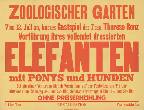 Gastspiel der Frau Therese Renz, Vorführung ihres vollendet dressierten Elefanten mit Ponys und Hunden, Zoologischer Garten Basel