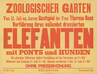 Gastspiel der Frau Therese Renz, Vorführung ihres vollendet dressierten Elefanten mit Ponys und Hunden, Zoologischer Garten Basel