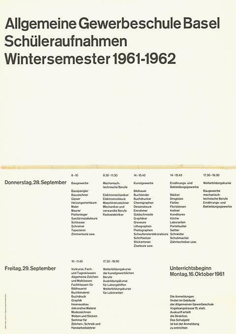 Allgemeine Gewerbeschule Basel, Schüleraufnahmen, Wintersemester 1961–1962