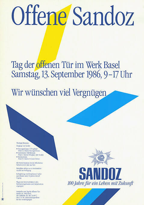 Offene Sandoz, Tag der offenen Tür im Werk Basel, Wir wünschen viel Vergnügen, Sandoz, 100 Jahre für ein Leben mit Zukunft