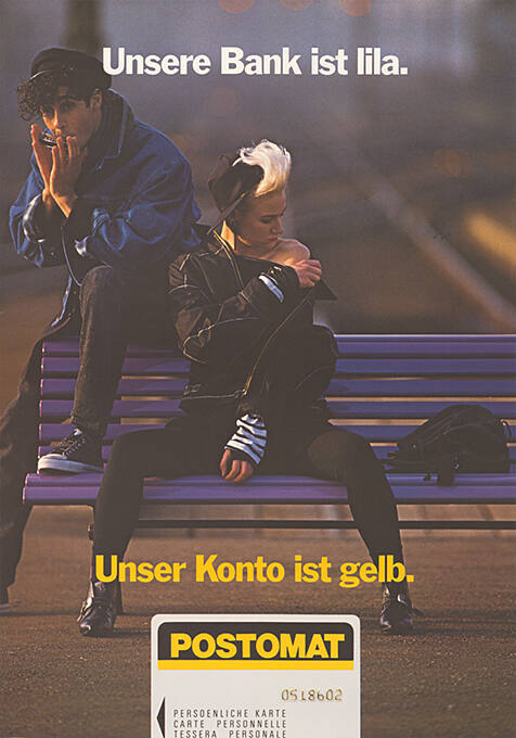 Unsere Bank ist lila. Unser Konto ist gelb. Postomat