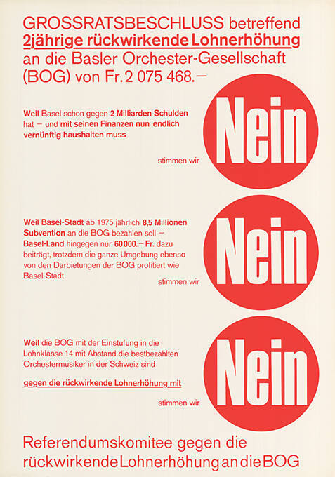 Grossratsbeschluss betreffend 2jährige rückwirkende Lohnerhöhung an die Basler Orchestergesellschaft (BOG), Nein, Nein, Nein