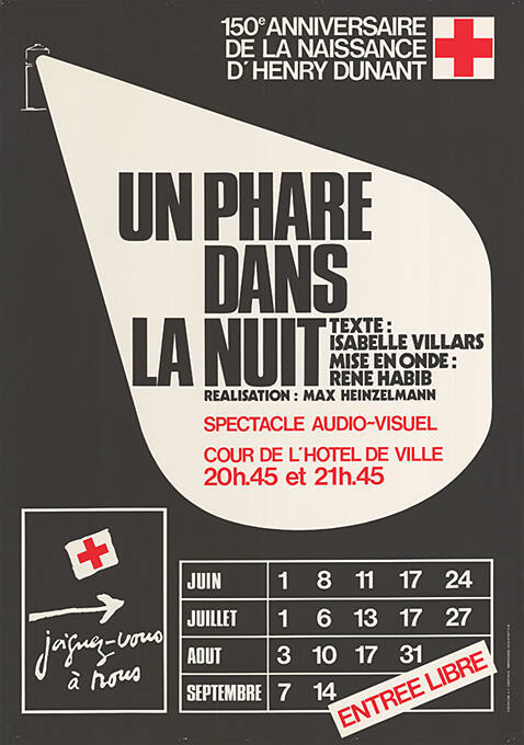 Un phare dans la nuit, spectacle audio-visuel, cour de l’hôtel de ville, 150ᵉ anniversaire de la naissance d’Henry Dunant