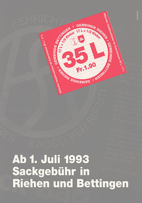 Ab 1. Juni 1993, Sackgebühr in Riehen und Bettingen